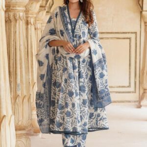 Pinkmint Women's Cotton Blend Off White Floral Printed Kurta with Pant & Dupatta l Stylish Festival wear